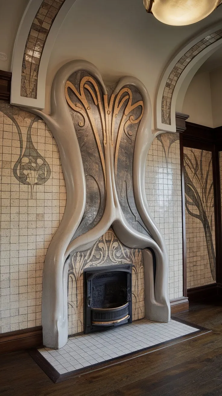 The graceful curves and intricate details of this Art Nouveau fireplace are a testament to the era's exquisite design.  A masterpiece of Art Nouveau architecture, the fireplace is the focal point of this stunning Art Nouveau interior, showcasing the movement's signature blend of nature-inspired motifs and elegant lines.  Truly fireplace art at its finest.