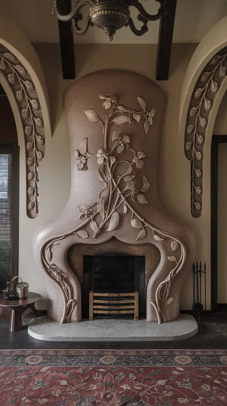 A breathtaking example of Art Nouveau design, this fireplace is a focal point of the entire Art Nouveau interior.  The intricate craftsmanship and elegant curves speak to the enduring legacy of Art Nouveau architecture, transforming a simple fireplace into a stunning piece of fireplace art.