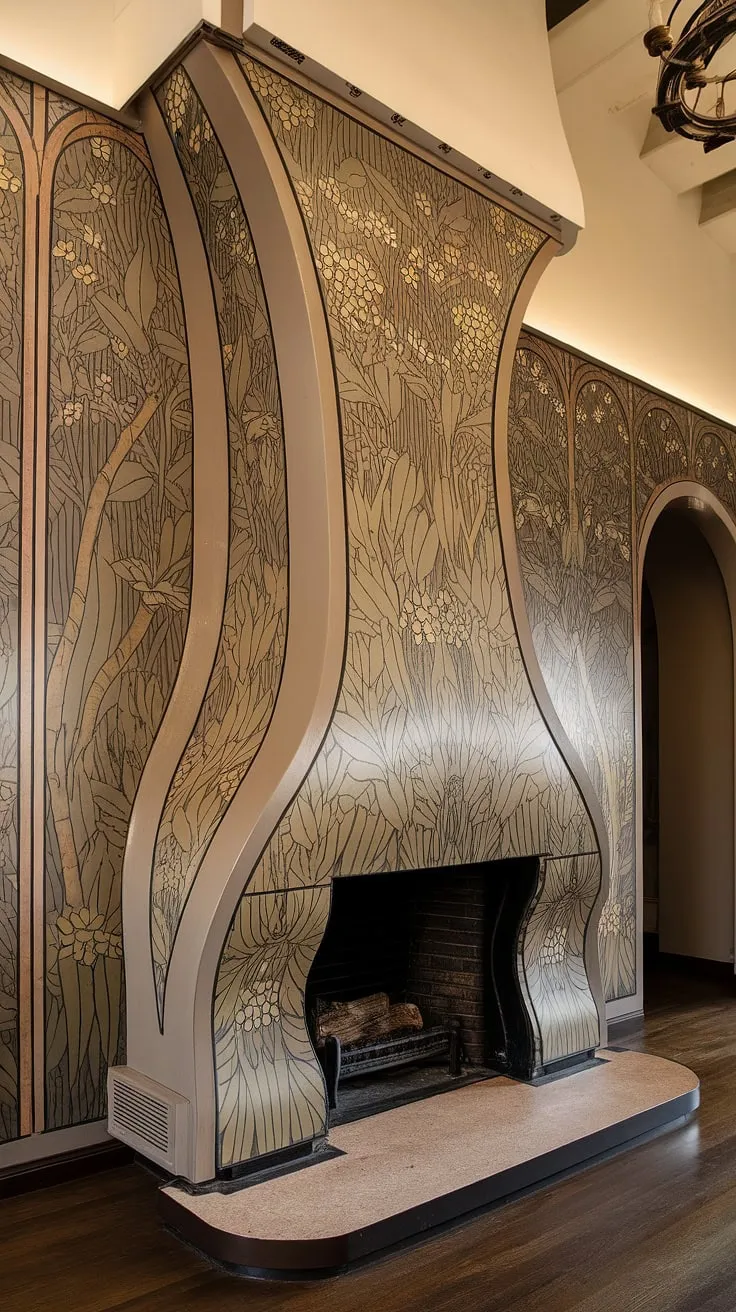 The exquisite detail of this Art Nouveau fireplace is a testament to the era's mastery of Art Nouveau design.  The flowing lines and organic forms seamlessly integrate the fireplace art into the overall Art Nouveau interior and architecture, creating a truly breathtaking space.