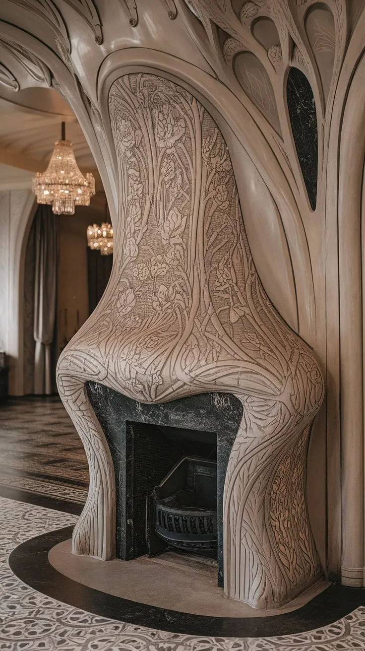 The exquisite detail of this Art Nouveau fireplace is a testament to the era's mastery of design.  The flowing lines and organic forms seamlessly integrate Art Nouveau architecture and interior design, creating a breathtaking focal point of fireplace art.