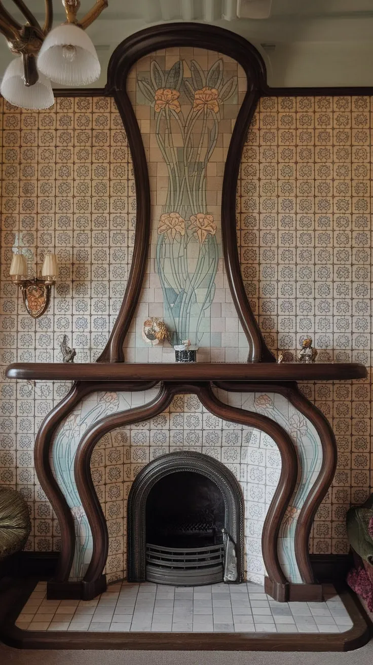 The mesmerizing curves of this Art Nouveau fireplace are a testament to the era's dedication to exquisite design.  The intricate details, characteristic of Art Nouveau architecture and interior design, transform this fireplace into a breathtaking piece of fireplace art, a focal point showcasing the beauty of the Art Nouveau style.