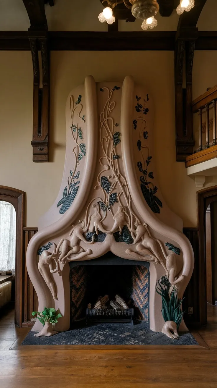 The exquisite curves and floral flourishes of this Art Nouveau fireplace are a testament to the era's dedication to beauty in every detail.  The entire Art Nouveau interior, from the architecture to the fireplace art, is a breathtaking example of Art Nouveau design.