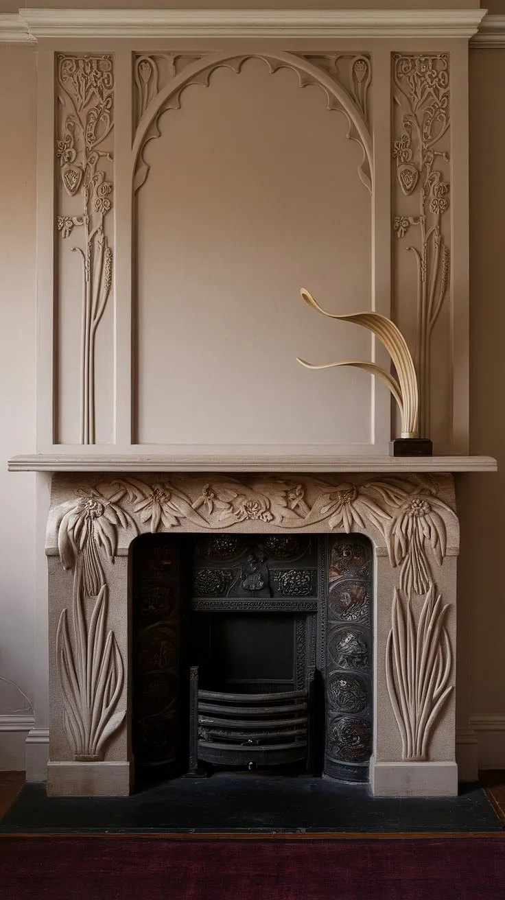 A masterpiece of Art Nouveau design, this fireplace showcases the movement's signature style.  The intricate details and flowing lines of the Art Nouveau architecture and fireplace art are perfectly complemented by the overall Art Nouveau interior, transporting you to a bygone era of refined beauty.