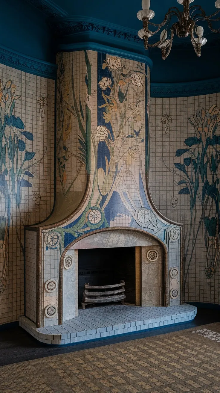 The exquisite detail of this Art Nouveau fireplace is a testament to the era's mastery of Art Nouveau design.  The flowing lines and organic forms seamlessly integrate the fireplace art into the broader Art Nouveau interior and architecture, creating a truly captivating space.