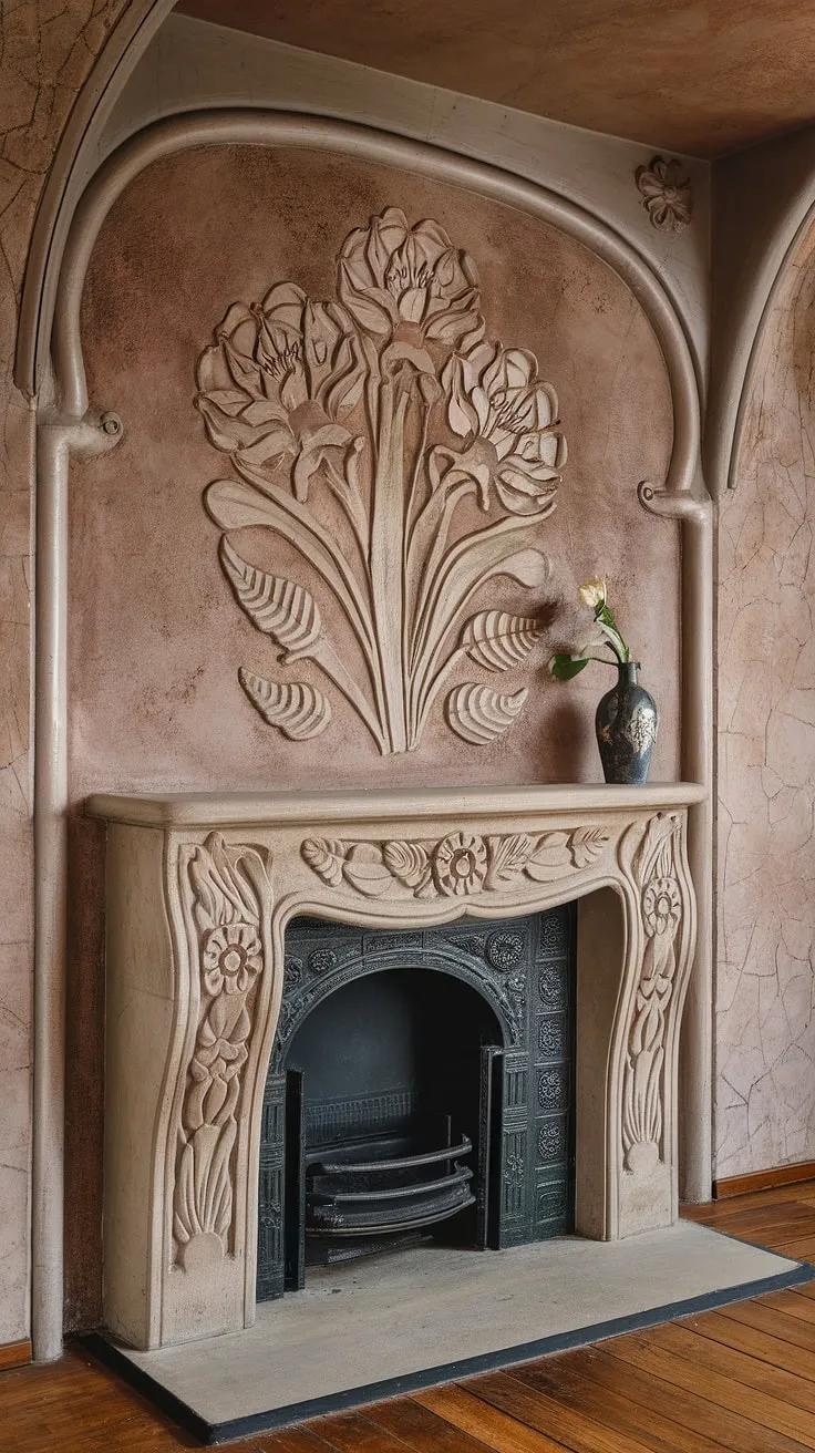 A stunning example of Art Nouveau architecture, this interior is anchored by a magnificent Art Nouveau fireplace. The intricate Art Nouveau design of the mantelpiece is a captivating piece of fireplace art, showcasing the movement's signature style.
