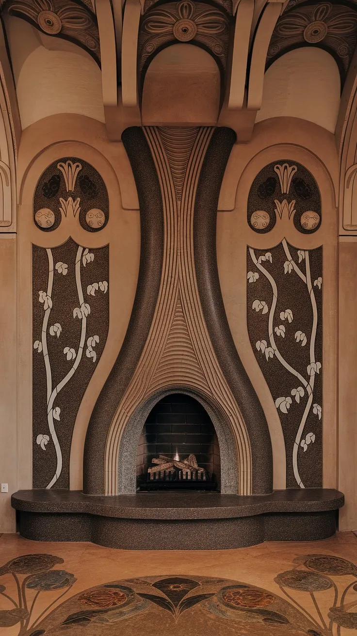 This art nouveau fireplace is more than just a hearth; it's a sculptural statement piece within a stunning art nouveau interior.  The dark stone curves and the surrounding art nouveau design, complete with floral motifs and flowing lines, create an atmosphere of sophisticated comfort.  This example of art nouveau architecture showcases the movement's mastery of organic forms and its ability to transform a simple fireplace into a work of fireplace art.