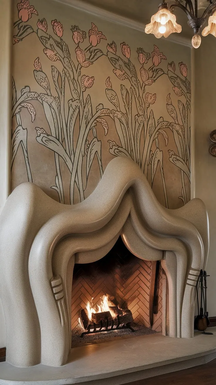 Immerse yourself in the elegance of this Art Nouveau interior. The fireplace, a stunning example of Art Nouveau design and architecture, commands attention with its intricate Art Nouveau fireplace details.  A true masterpiece of fireplace art.