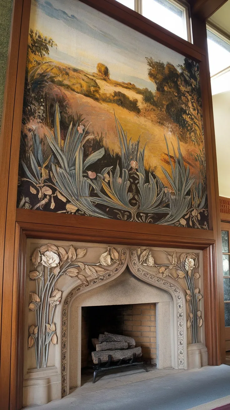 An exquisite example of art nouveau architecture, this fireplace showcases the movement's signature flowing lines and organic forms.  The art nouveau design, with its delicate floral motifs and sinuous vines, is a testament to the era's artistic sensibilities.  This art nouveau interior, complete with a captivating landscape painting, is a dream realized in art nouveau fireplace artistry.