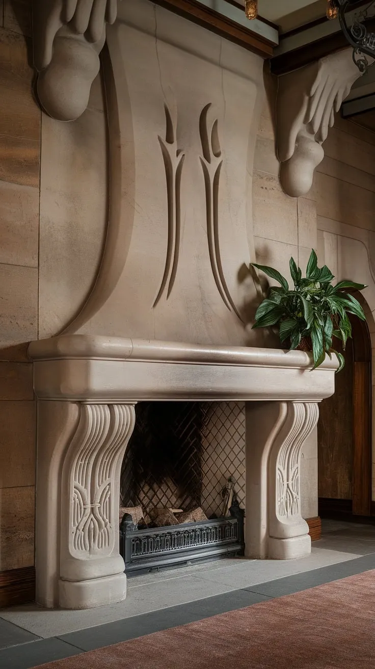 This Art Nouveau interior is brought to life by the stunning Art Nouveau fireplace.  The intricate Art Nouveau architecture and design elements within the fireplace itself are a masterpiece of fireplace art, showcasing the movement's unique aesthetic.