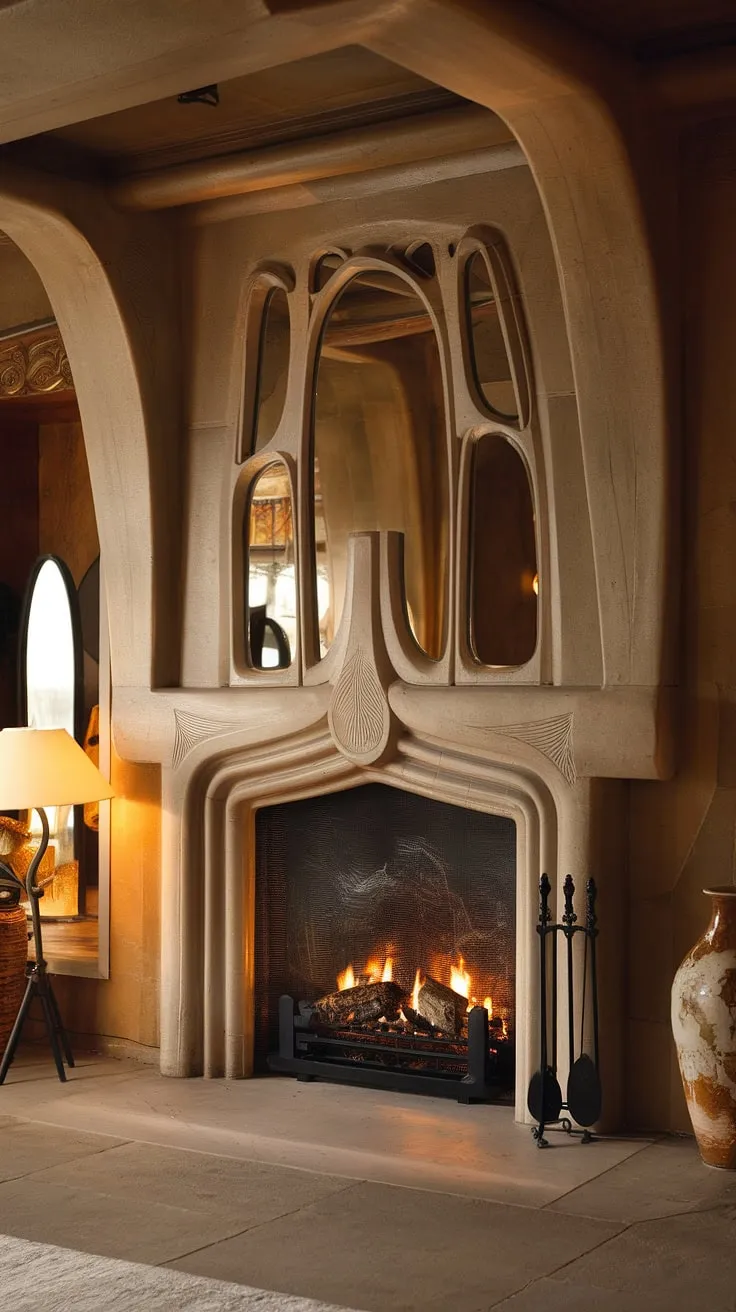 The mesmerizing curves of this Art Nouveau fireplace are a testament to the era's dedication to exquisite design.  The intricate details, characteristic of Art Nouveau architecture and interior design, transform this fireplace into a breathtaking piece of fireplace art, a focal point showcasing the beauty of Art Nouveau design in its purest form.