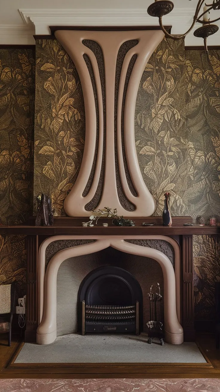 The exquisite detail of this Art Nouveau fireplace is a testament to the era's mastery of Art Nouveau design.  The flowing lines and organic forms perfectly complement the Art Nouveau interior and architecture, creating a breathtaking example of fireplace art.