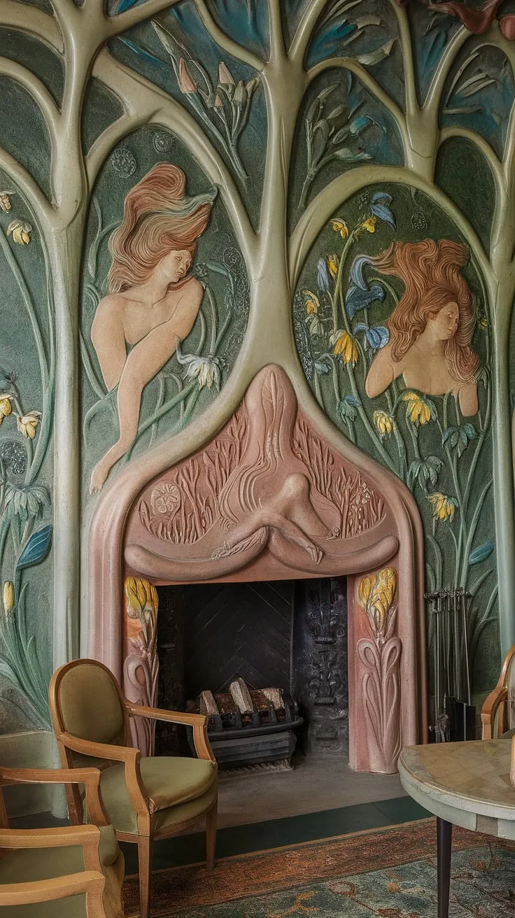 The mesmerizing curves of this Art Nouveau fireplace are a testament to the era's dedication to exquisite design.  The intricate details, a hallmark of Art Nouveau architecture and interior design, transform this fireplace into a breathtaking piece of fireplace art, a focal point showcasing the beauty of Art Nouveau design in its purest form.