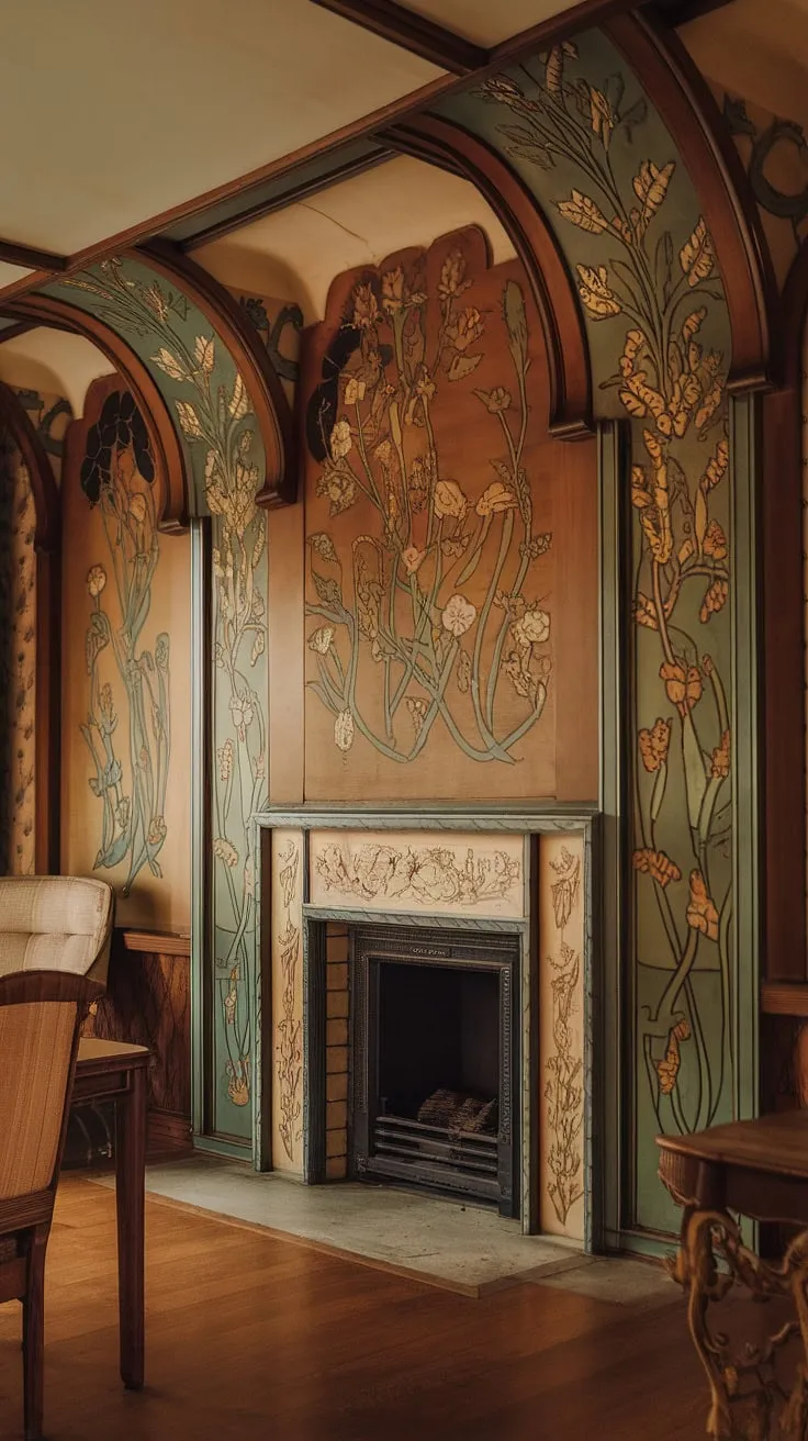 The warm glow of the fireplace illuminates the breathtaking art nouveau design of this room.  An example of stunning art nouveau architecture, the art nouveau fireplace is a focal point, its fireplace art a testament to the beauty of the art nouveau interior.