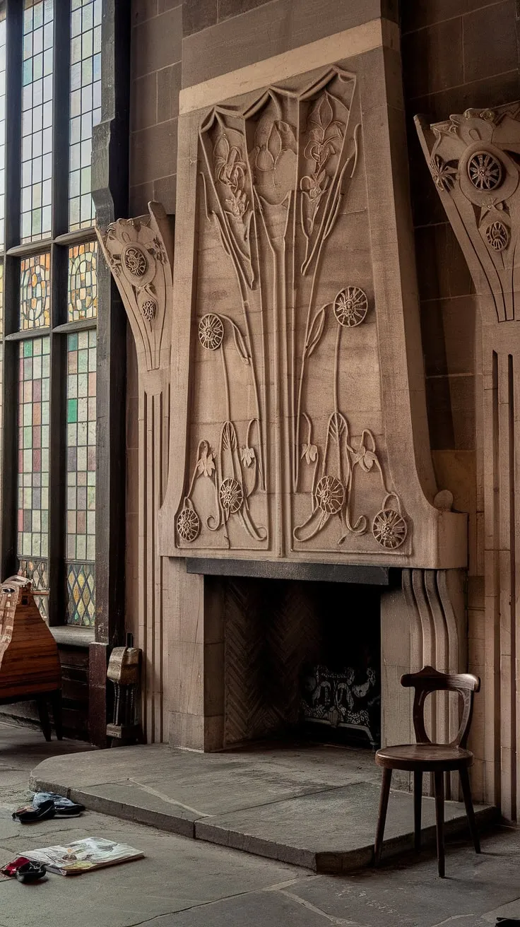 The exquisite detail of this Art Nouveau fireplace is a testament to the era's mastery of design.  The flowing lines and organic forms seamlessly integrate Art Nouveau architecture and interior design, creating a breathtaking focal point of fireplace art.