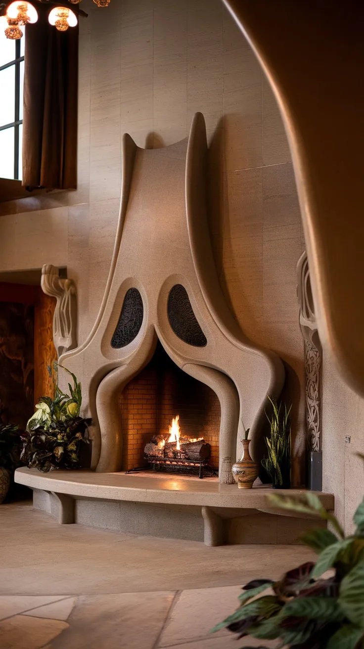 The mesmerizing curves of this Art Nouveau fireplace are a testament to the era's dedication to exquisite design.  The intricate details, characteristic of Art Nouveau architecture and interior design, transform this fireplace into a true work of fireplace art, a focal point showcasing the beauty of Art Nouveau design in its purest form.