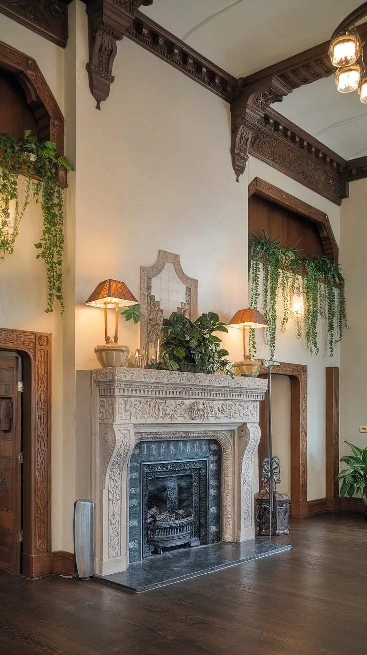 This Art Nouveau interior is a feast for the eyes, anchored by a stunning Art Nouveau fireplace.  The fireplace art showcases the characteristic curves and natural motifs of Art Nouveau architecture and design, transforming the space into a work of art itself.