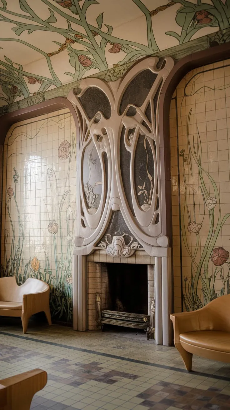 This Art Nouveau interior showcases the elegance and artistry of the period. The fireplace, a stunning example of Art Nouveau design, commands attention with its intricate craftsmanship and graceful curves, a true masterpiece of Art Nouveau architecture and fireplace art.