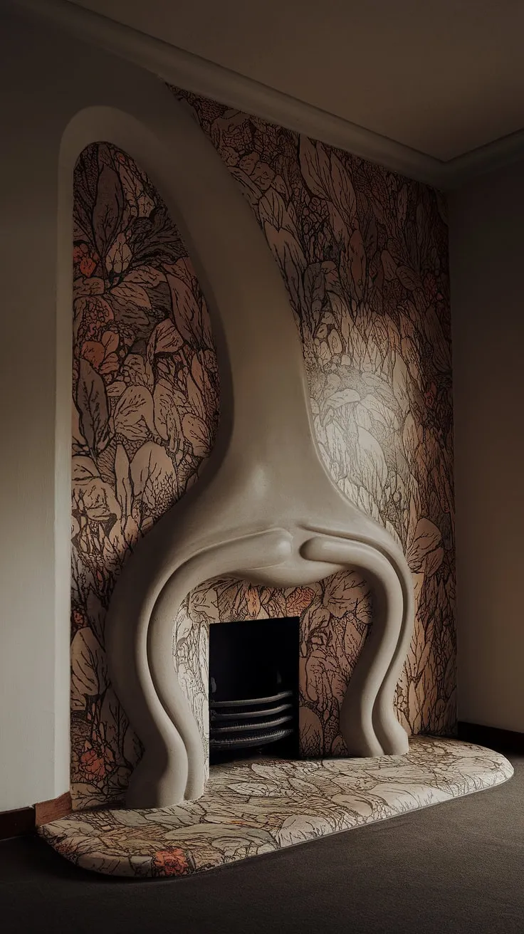 The exquisite detail of this Art Nouveau fireplace is a testament to the era's mastery of Art Nouveau design.  The flowing lines and organic forms seamlessly integrate Art Nouveau architecture and interior design, creating a breathtaking focal point of fireplace art.