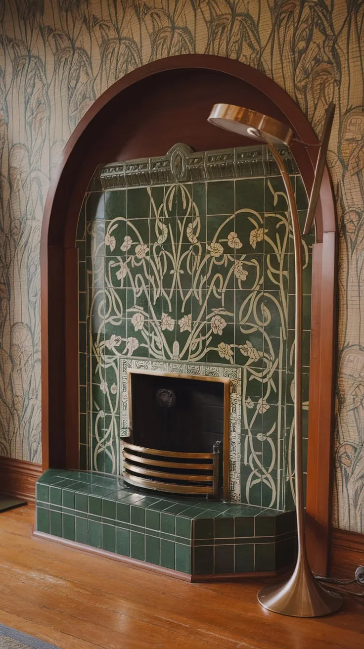 This Art Nouveau architecture showcases the breathtaking beauty of Art Nouveau design. The fireplace, a stunning example of fireplace art, is the centerpiece of this Art Nouveau interior, its intricate details a testament to the era's artistic vision.