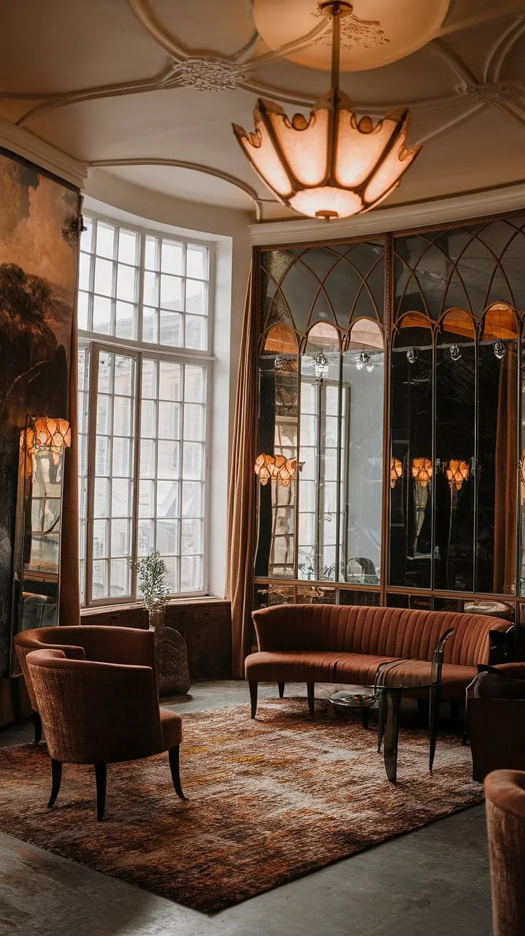 Step into a world of swirling lines and organic forms in this breathtaking Art Nouveau living room.  The exquisite Art Nouveau decor, complemented by the Art Nouveau architecture and design, creates an interior that is both elegant and utterly captivating.