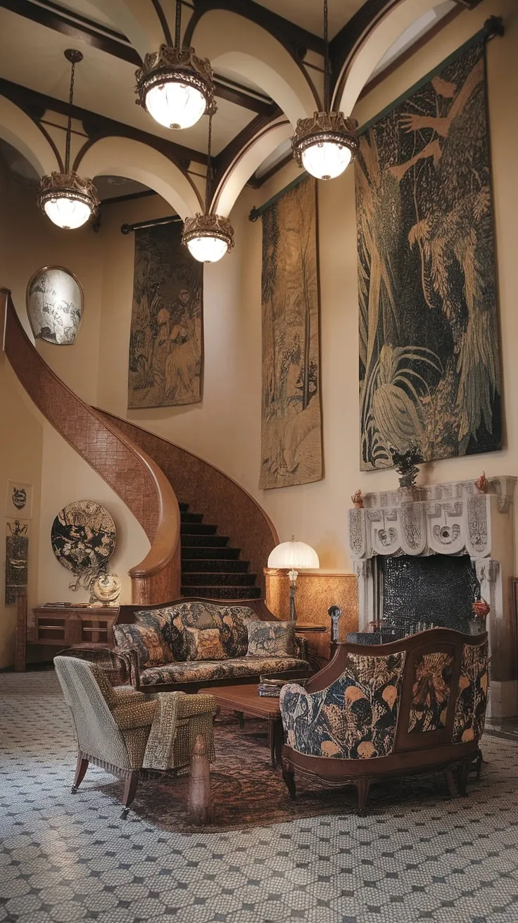 Immerse yourself in the captivating allure of this Art Nouveau interior.  The high ceilings, intricate Art Nouveau decor, and flowing lines of the Art Nouveau architecture create a truly enchanting atmosphere.  Admire the exquisite Art Nouveau design elements throughout, from the patterned tile floor to the meticulously crafted furniture and stunning tapestries. This Art Nouveau living room is a testament to the timeless beauty of the style.