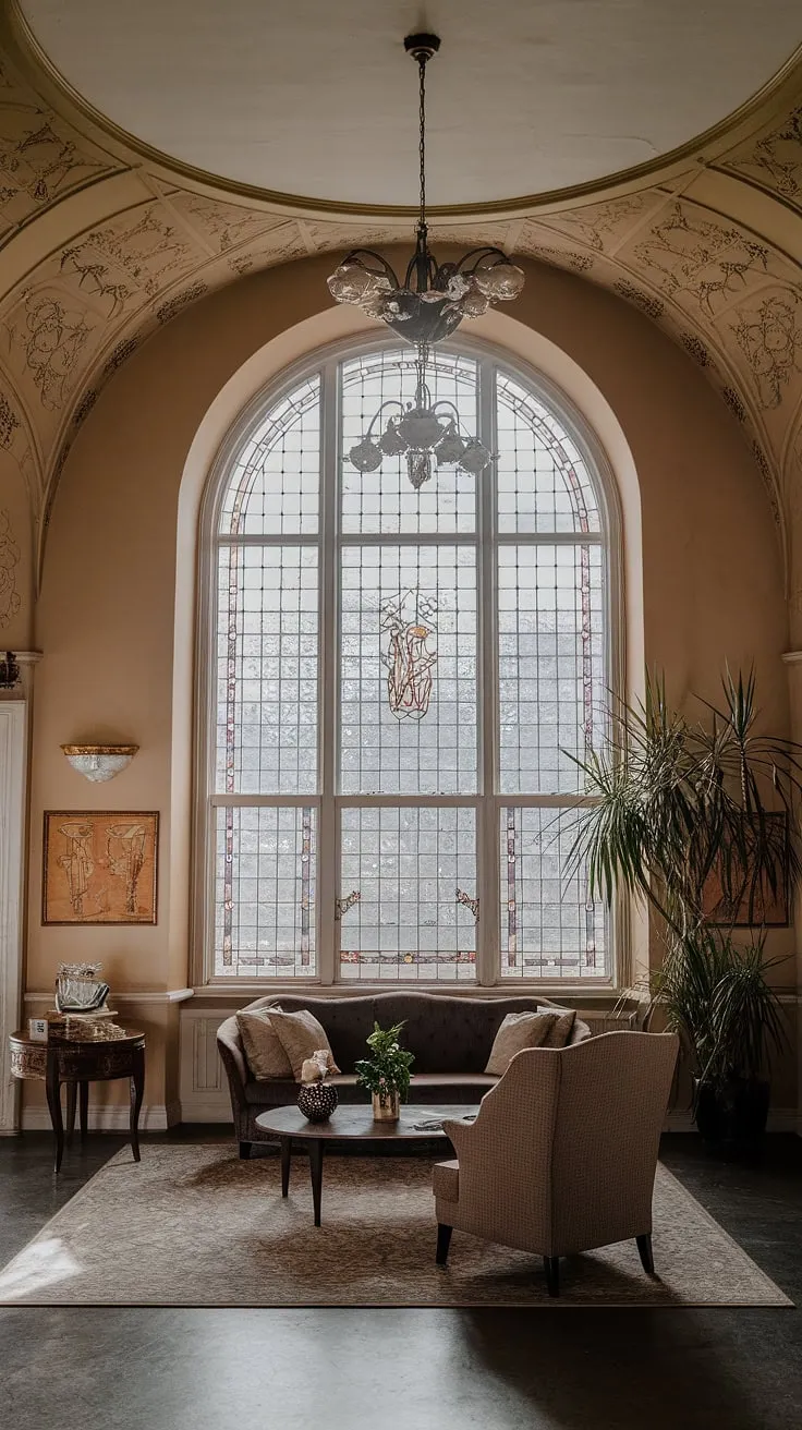 Step into a dream: This Art Nouveau living room, a masterpiece of Art Nouveau interior design, showcases the elegance and fluidity of Art Nouveau architecture and decor. Every detail, from the flowing lines to the intricate ornamentation, embodies the spirit of Art Nouveau design.