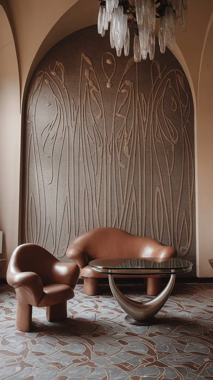 This stunning art nouveau interior is a testament to the elegance and sophistication of art nouveau architecture. The art nouveau living room's flowing lines, organic shapes, and intricate patterns create a truly immersive experience.  Admire the exquisite art nouveau decor and the masterful art nouveau design in every carefully chosen element.