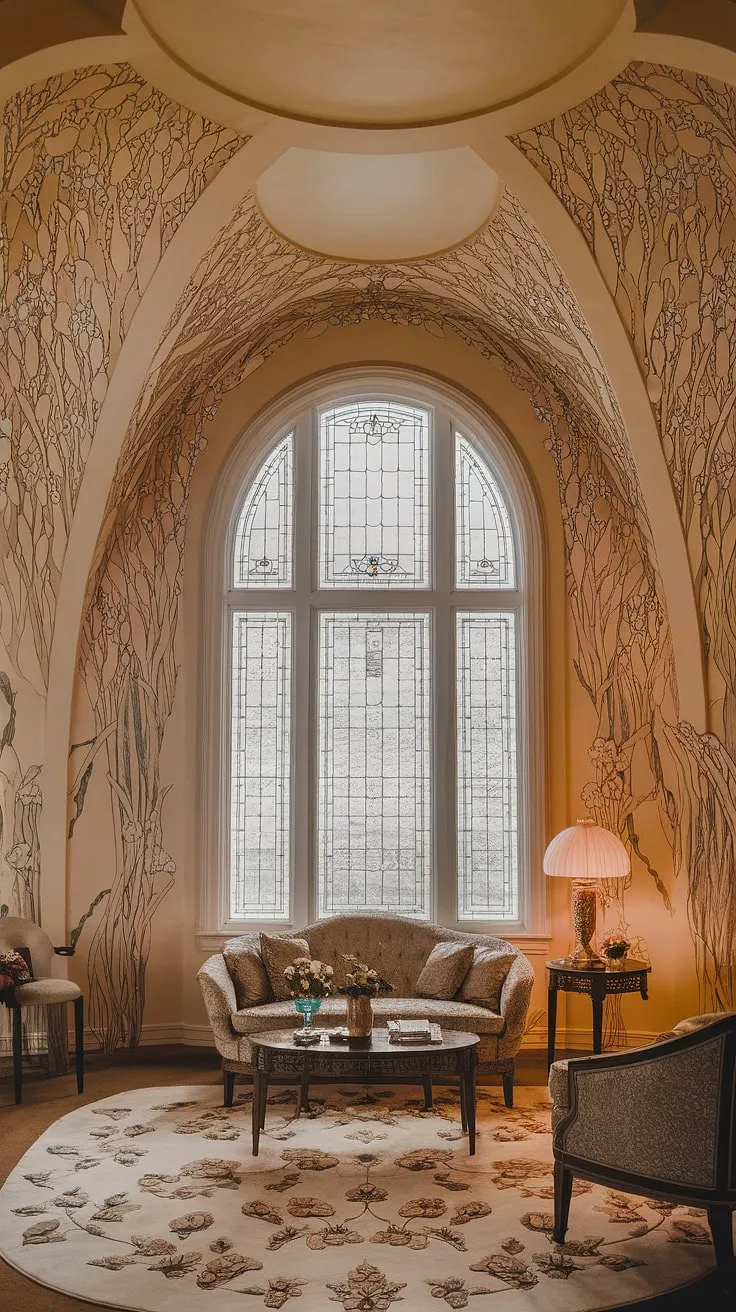 Immerse yourself in the captivating allure of this art nouveau living room.  The art nouveau design is evident in every curve and flourish, from the organic shapes of the furniture to the meticulously crafted art nouveau decor.  A testament to art nouveau architecture, this space embodies the movement's signature style and refined aesthetic.