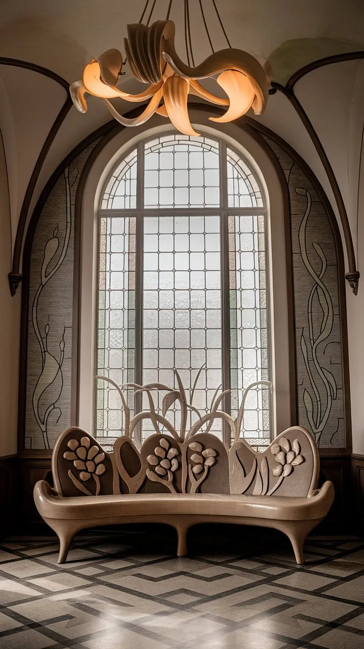 Immerse yourself in the beauty of this Art Nouveau interior. Every detail, from the Art Nouveau architecture to the carefully chosen Art Nouveau decor, speaks to the elegance and artistry of the Art Nouveau design movement. This living room is a testament to the enduring appeal of Art Nouveau.