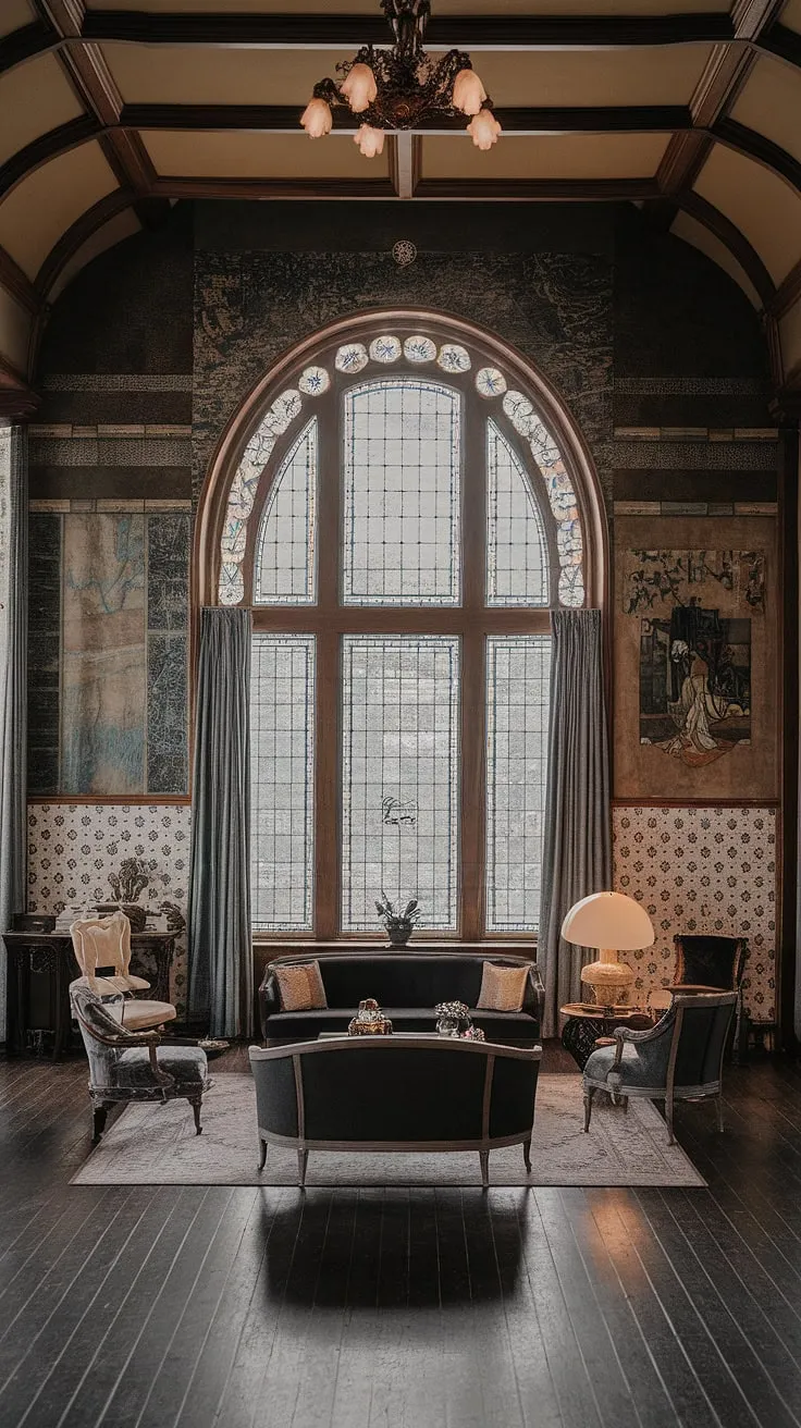 Immerse yourself in the captivating beauty of this Art Nouveau interior.  The Art Nouveau design is evident in every element, from the flowing lines of the furniture to the rich mosaic and painting on the walls. This Art Nouveau living room, a masterpiece of Art Nouveau architecture, offers a glimpse into a bygone era of exquisite craftsmanship and unparalleled style.