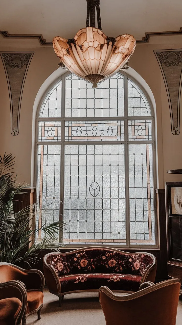 Step into a dream: This Art Nouveau living room, a masterpiece of Art Nouveau interior design, showcases the exquisite craftsmanship and flowing lines characteristic of Art Nouveau architecture. Every detail, from the furniture to the decor, embodies the elegance and artistry of the Art Nouveau design movement.