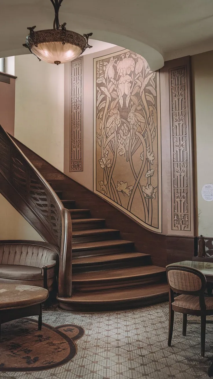 Immerse yourself in the beauty of this art nouveau interior.  The high ceilings, flowing lines of the staircase, and exquisite art nouveau decor create a truly captivating space. This art nouveau living room showcases the masterful blend of nature-inspired motifs and sophisticated design that defines art nouveau architecture.  A testament to the enduring appeal of art nouveau design.