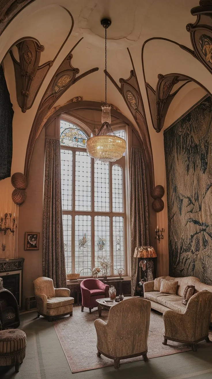 Immerse yourself in the captivating beauty of this Art Nouveau interior.  The Art Nouveau design is flawlessly executed, with every element—from the flowing lines of the furniture to the vibrant stained glass window—reflecting the era's signature style. This Art Nouveau living room is a testament to the enduring allure of Art Nouveau architecture and decor.