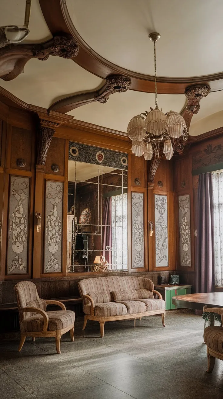 Step into a dream: This Art Nouveau living room showcases the exquisite craftsmanship and flowing lines of Art Nouveau architecture, decor, and design.  The interior is a testament to the beauty and elegance of the Art Nouveau style.
