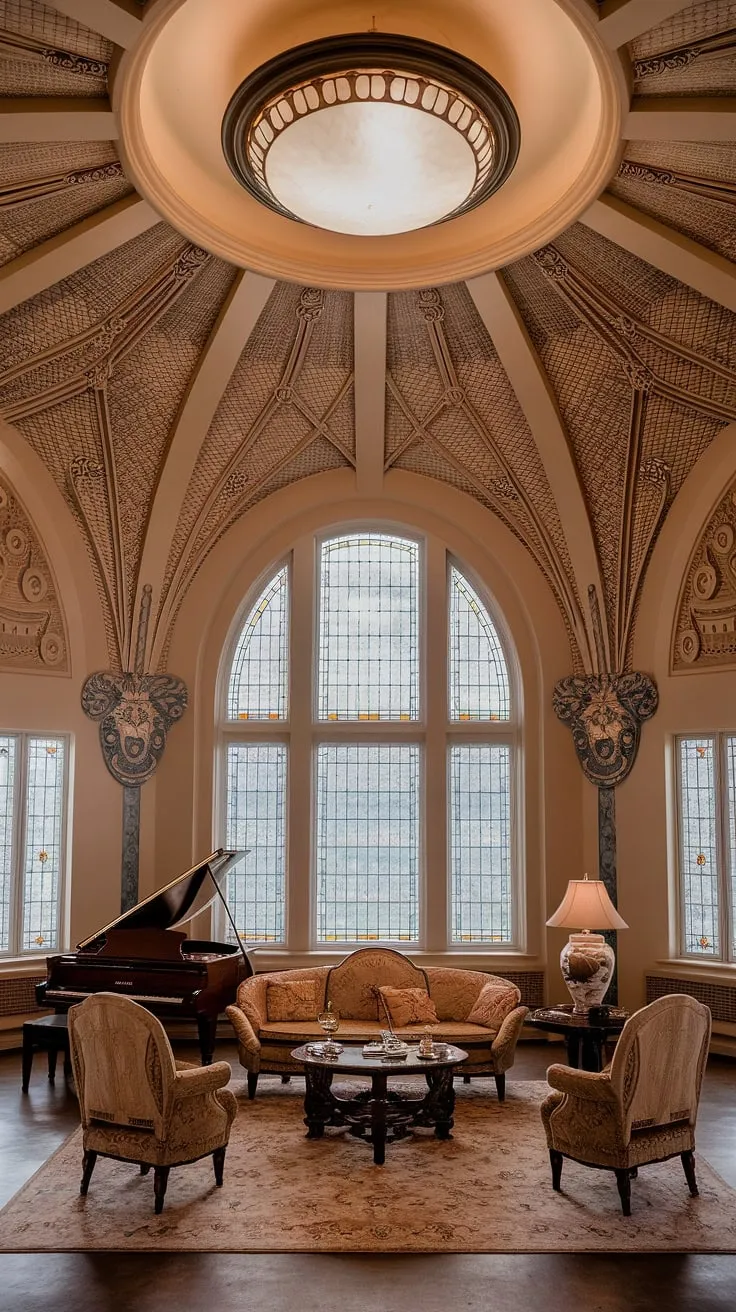 Step into the opulent embrace of this Art Nouveau living room, where Art Nouveau architecture and design intertwine seamlessly.  The intricate floral motifs, the grand piano, and the stained-glass window all contribute to an atmosphere of refined elegance, a true testament to the beauty of Art Nouveau interior design and decor.