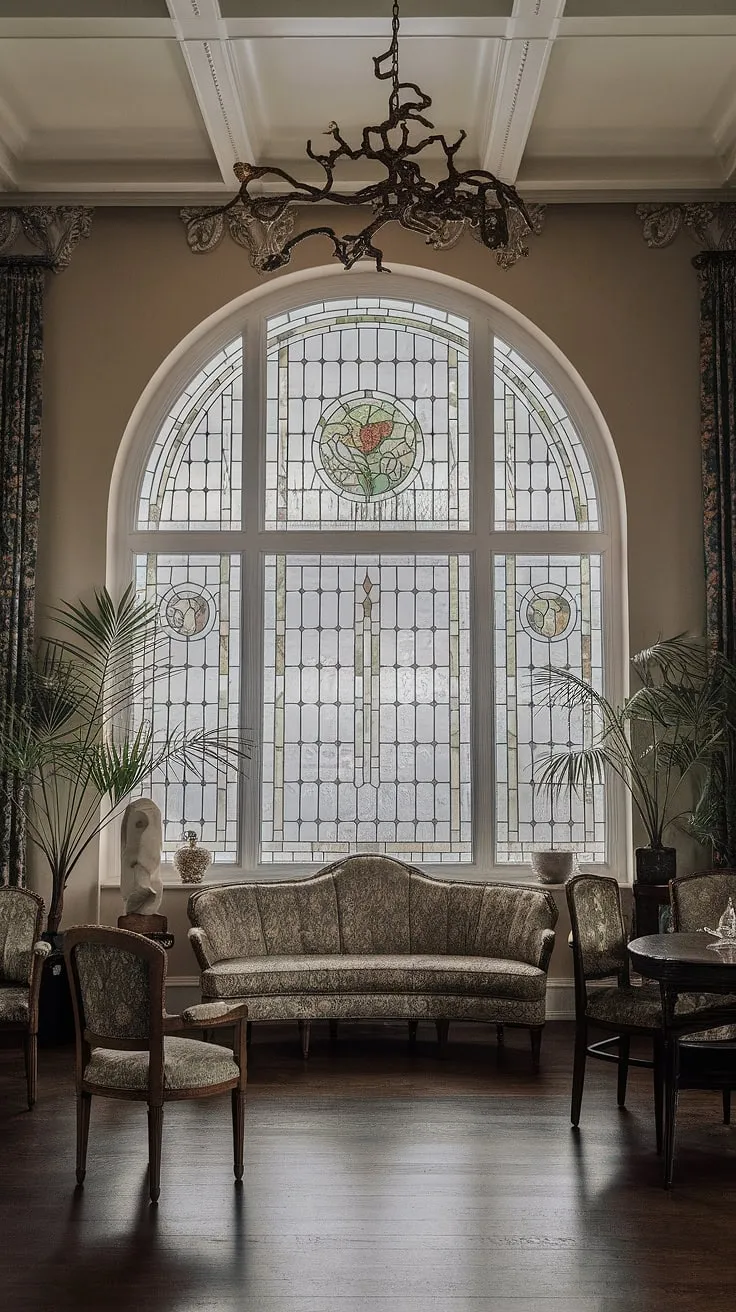 This art nouveau interior is a masterclass in elegance.  Every detail, from the flowing lines of the art nouveau design on the sofa fabric to the vibrant floral motifs of the stained-glass window, speaks to the artistry and craftsmanship of the art nouveau era.  The high ceilings and dark wood floors only enhance the overall impact of this stunning art nouveau architecture and its captivating decor.