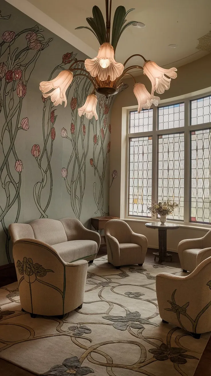 Immerse yourself in the captivating world of Art Nouveau design. This living room is a testament to the movement's signature style, with its graceful curves, floral motifs, and luxurious textures. The Art Nouveau interior seamlessly blends architecture and decor, creating a harmonious space that epitomizes the beauty and sophistication of the Art Nouveau era.