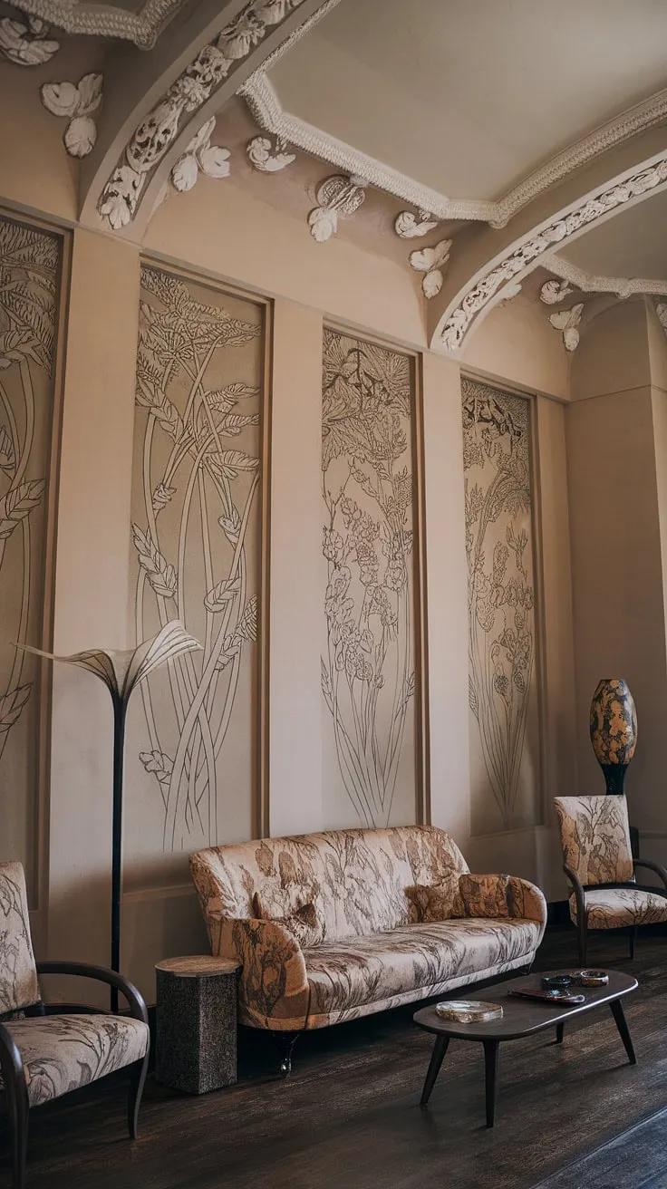 Step into a world of swirling lines and organic forms in this breathtaking Art Nouveau living room.  The exquisite Art Nouveau decor, complemented by the Art Nouveau architecture and design, creates an interior that is both elegant and utterly captivating.