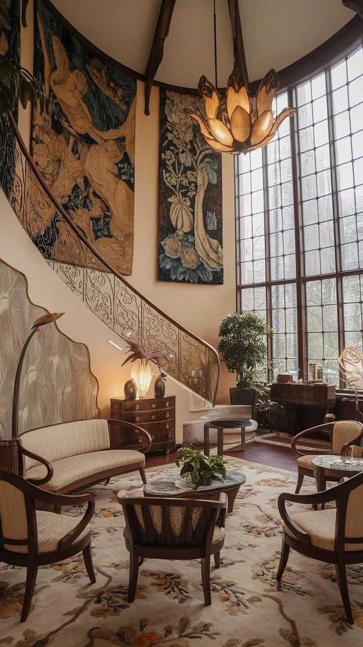 Immerse yourself in the captivating beauty of this Art Nouveau living room.  The Art Nouveau interior is a testament to the era's unique aesthetic, blending Art Nouveau architecture with carefully curated Art Nouveau decor.  From the flowing curves of the furniture to the richly detailed tapestries, every element reflects the principles of Art Nouveau design, creating a space of unparalleled grace and sophistication.