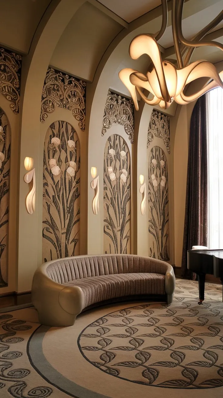 Immerse yourself in the beauty of this Art Nouveau interior. Every detail, from the Art Nouveau architecture to the carefully chosen Art Nouveau decor, speaks to the elegance and artistry of the Art Nouveau design movement, transforming this living room into a true masterpiece.