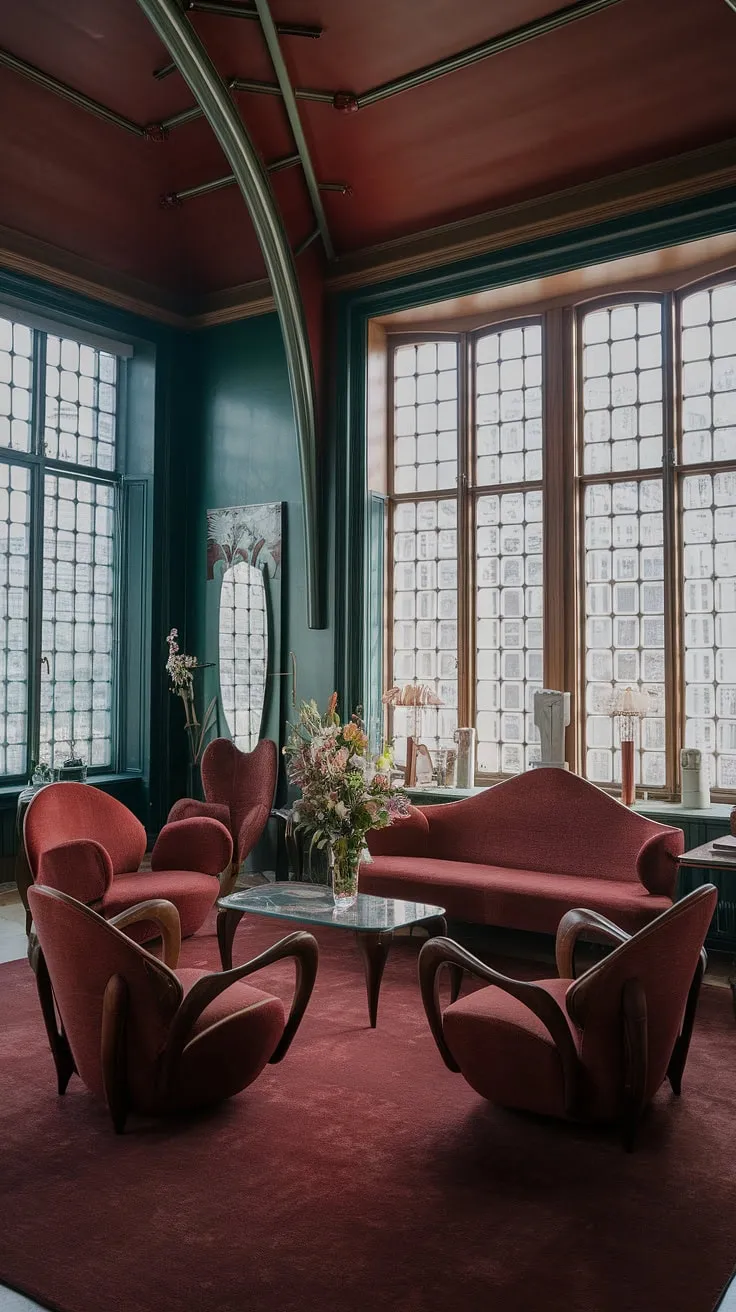 Step into a world of swirling lines and organic forms in this breathtaking Art Nouveau living room.  The exquisite Art Nouveau decor, complemented by the Art Nouveau architecture and design, creates an interior that embodies the elegance and artistry of the era.