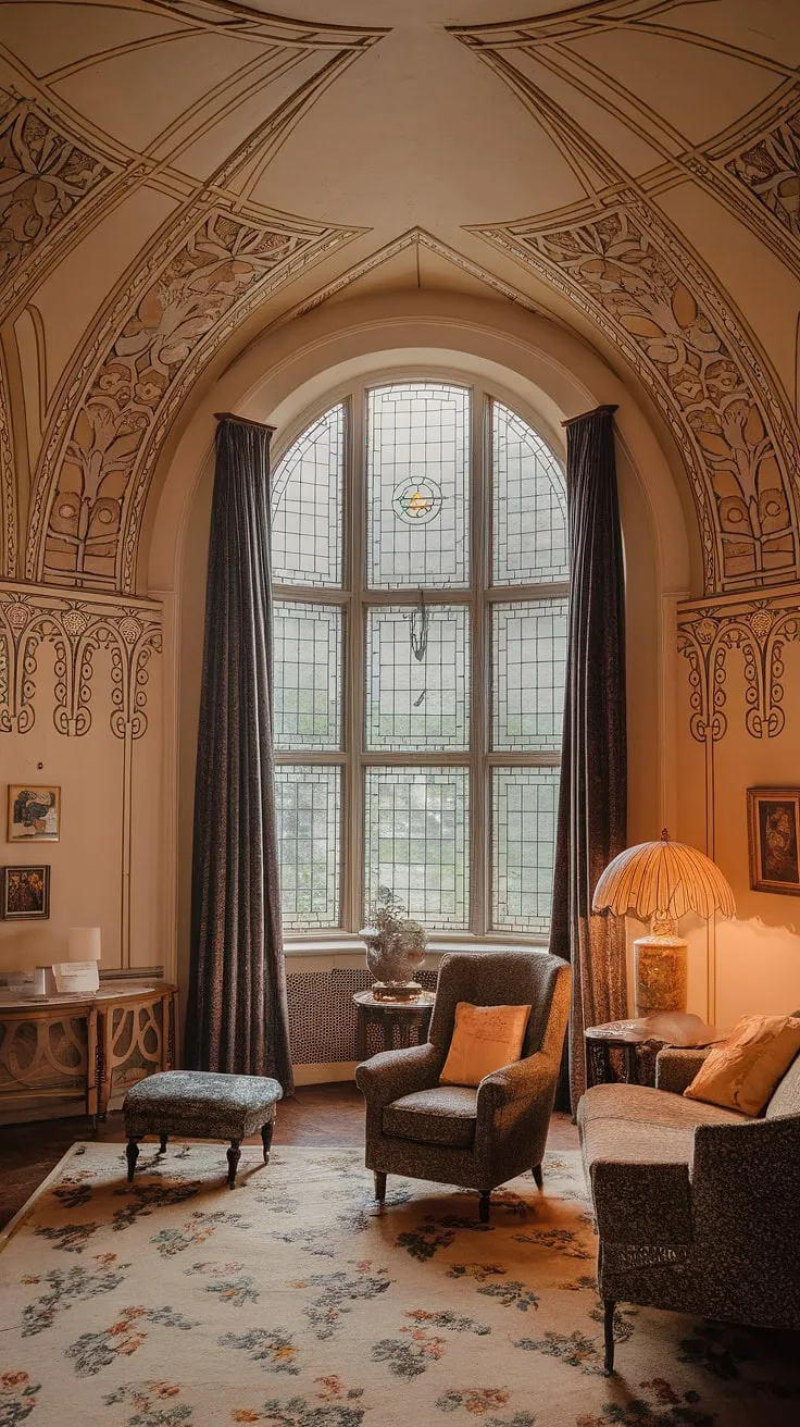 Step into a world of swirling lines and organic forms in this breathtaking Art Nouveau living room.  The exquisite Art Nouveau decor, complemented by the Art Nouveau architecture and design, creates an interior that is both elegant and utterly captivating.