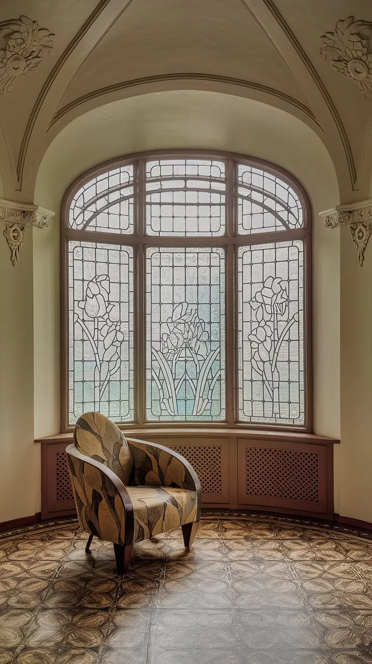 Step into a dream: This Art Nouveau living room, a masterpiece of Art Nouveau interior design, showcases the elegance and fluidity of Art Nouveau architecture and decor. Every detail, from the flowing lines to the intricate ornamentation, exemplifies the exquisite craftsmanship of Art Nouveau design.