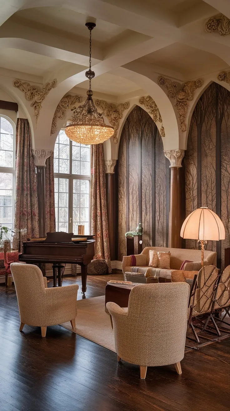 Step into a dream: This Art Nouveau living room showcases the exquisite artistry of the era.  The sinuous lines of the Art Nouveau architecture are echoed in the carefully curated Art Nouveau decor, creating an interior that is both breathtaking and utterly captivating.  Every detail, from the furniture to the wall designs, speaks to the elegance and sophistication of Art Nouveau design.