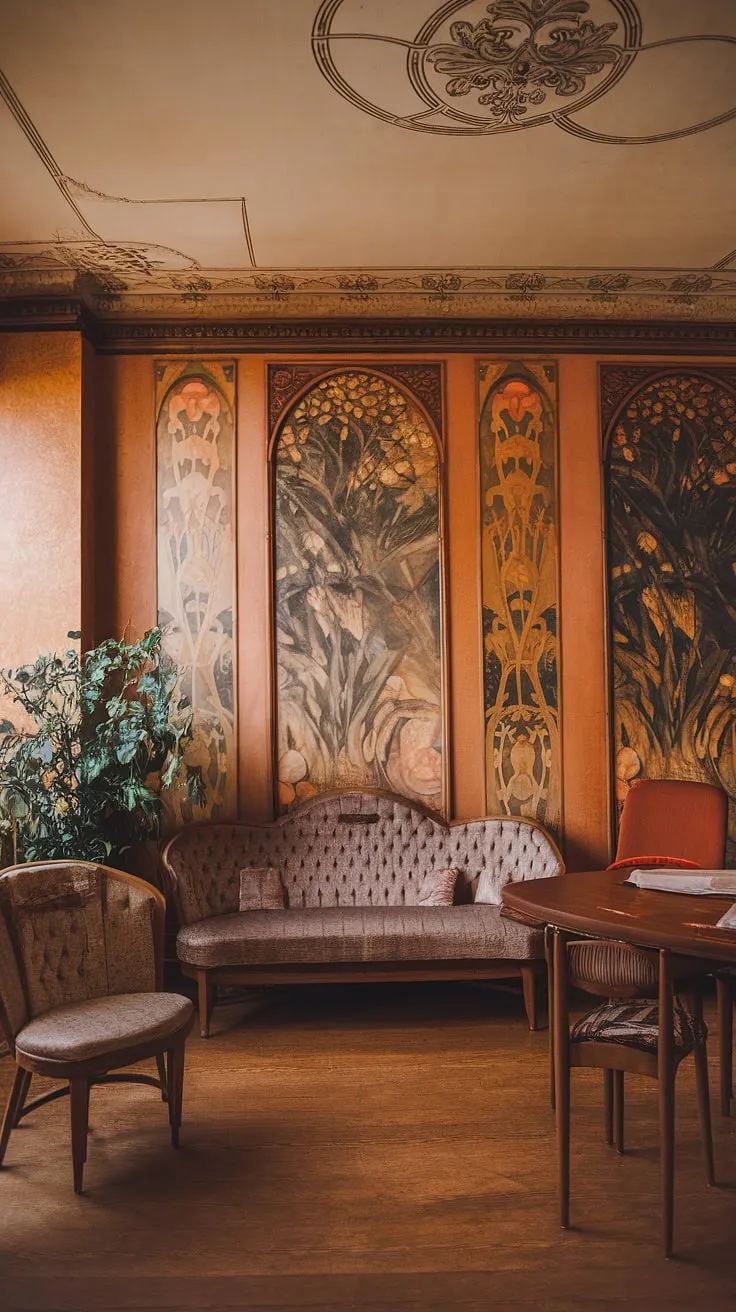 Step into a world of swirling lines and organic forms in this breathtaking Art Nouveau living room.  The exquisite Art Nouveau decor, complemented by the Art Nouveau architecture and design, creates an interior that is both elegant and utterly captivating.