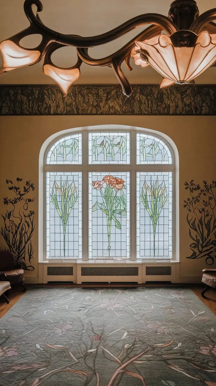 Immerse yourself in the elegance of this art nouveau interior. Every detail, from the flowing lines of the art nouveau design in the light fixture to the floral stained glass and patterned frieze, speaks to the beauty and craftsmanship of art nouveau architecture. This art nouveau living room is a testament to the enduring appeal of art nouveau decor.