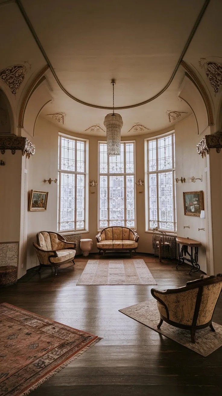 This art nouveau interior is a testament to the beauty of art nouveau design. The high ceilings, large windows, and unique layout of this art nouveau living room, all speak to the masterful art nouveau architecture. Every detail, from the furniture to the wall patterns, reflects the flowing lines and natural motifs characteristic of art nouveau decor.