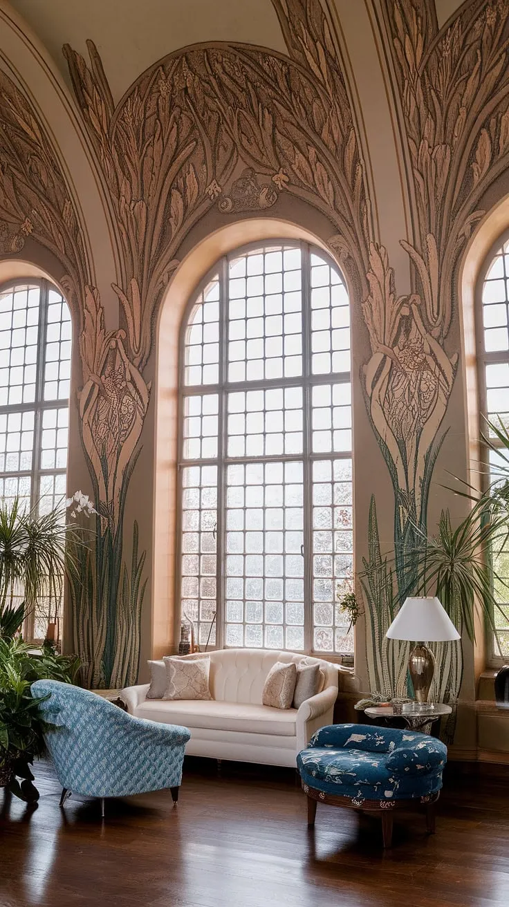 An exquisite example of art nouveau design, this living room embodies the movement's signature style.  The art nouveau decor is breathtaking, with every detail—from the curvilinear patterns on the walls to the carefully selected art nouveau furniture—contributing to the overall aesthetic.  The art nouveau interior is a testament to the era's appreciation for nature and its incorporation into architectural and decorative elements. This art nouveau architecture is a true sanctuary of beauty and grace.