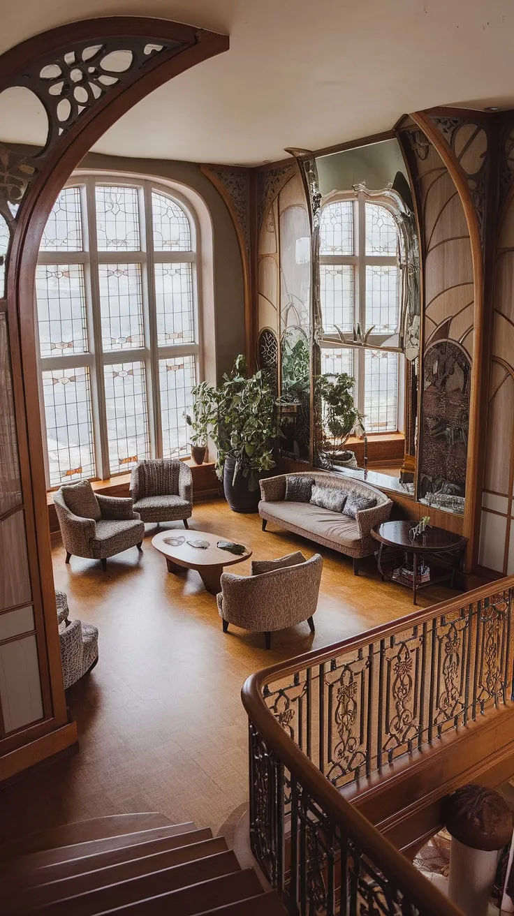 Behold the exquisite artistry of this Art Nouveau interior.  The Art Nouveau living room's high ceilings and large windows, featuring stunning stained-glass inserts, create an atmosphere of refined elegance.  The carefully curated Art Nouveau decor, including the flowing lines of the furniture and the lush plant, perfectly embodies the spirit of Art Nouveau architecture and design.  A true masterpiece of Art Nouveau design.