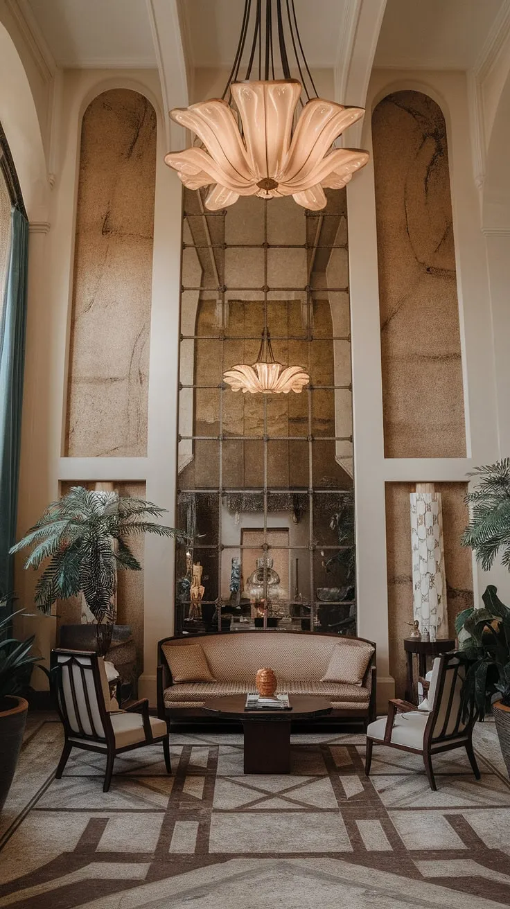 This Art Nouveau interior is a testament to the beauty of the era.  Every element, from the Art Nouveau architecture of the high ceilings to the carefully curated Art Nouveau decor, contributes to the room's captivating atmosphere. The flowing lines of the chandelier, the textured wall panels, and the sophisticated Art Nouveau design of the furniture create a truly immersive Art Nouveau living room experience.